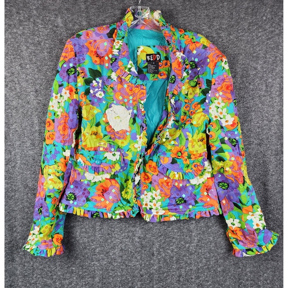 Redd Jeans Sequin Ruffle Floral Jacket Womens 12 Multicolor Maximalist Cropped